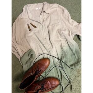La Miel Ombre Double Gauze Cotton Button Down Shirt Beige Green Small Boho